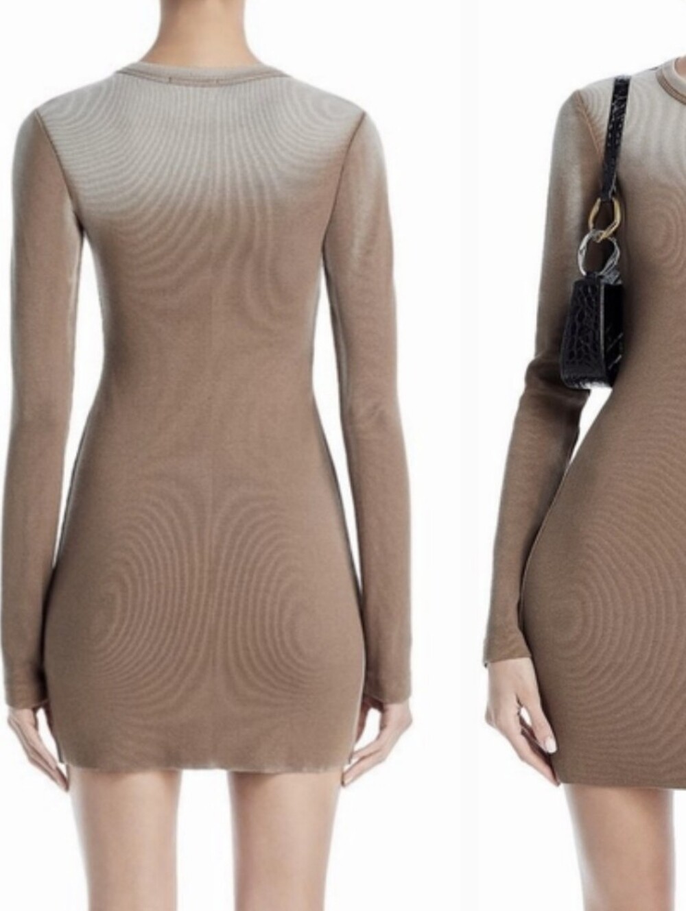 Cotton Citizen Camel Cast Long Sleeve Ribbed Ombre Crewneck Mini Bodycon Dress - Picture 2 of 7
